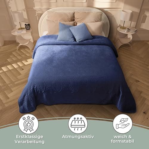 Gräfenstayn Premium Tagesdecke Anthrazit - weich, knitterfrei & pflegeleicht - Nahtlose Steppung & Blatt-Design - Bett &