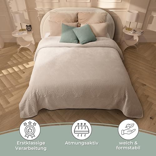 Gräfenstayn Premium Tagesdecke Anthrazit - weich, knitterfrei & pflegeleicht - Nahtlose Steppung & Blatt-Design - Bett &