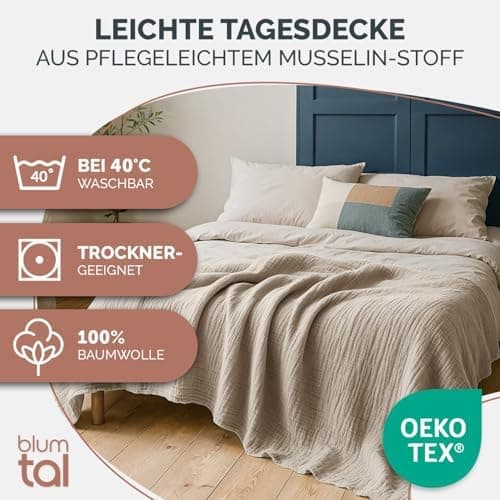 Blumtal Oeko-TEX Tagesdecke 150x200 cm - Bettüberwurf Anthrazit - Baumwolle 100% - leichte Kuscheldecke - Couch Überwurf
