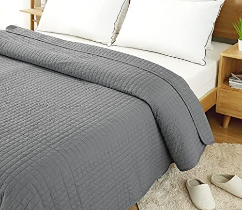 WOLTU Tagesdecke Steppdecke Doppelbett Dunkelgrau-Crème 170x210 cm 360GSM Global Recycled Standard Kariert
