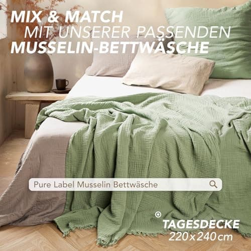 Oeko-Tex zertifizierte Musselin Tagesdecke 220x240cm Hellblau | Couch- & Sofadecke XXL | Baumwolle Qualität