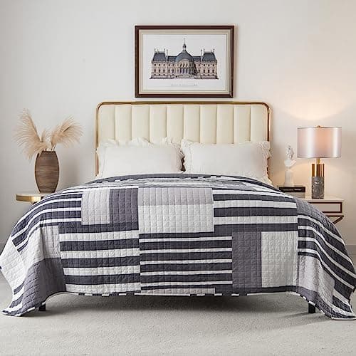 WOLTU Steppdecke 150x200 cm, Patchwork Design, Blau+Weiß, Mikrofaser, Global Recycled Standard, Gebrauchstester und qual