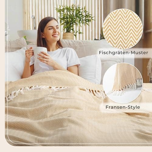 Gräfenstayn Premium Baumwolltagesdecke Creme - 100% Baumwolle - Sommerdecke - Fischgrätenmuster - Bett- und Couch-Überwu
