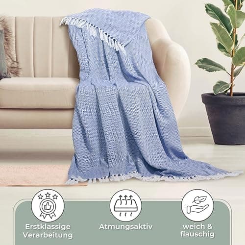Gräfenstayn Premium Baumwolltagesdecke Creme - 100% Baumwolle - Sommerdecke - Fischgrätenmuster - Bett- und Couch-Überwu