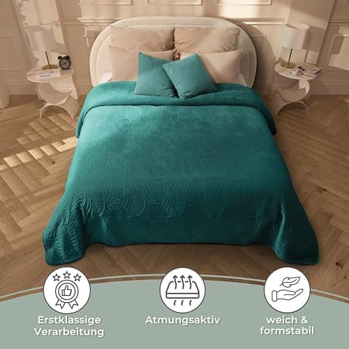 Gräfenstayn Premium Tagesdecke Anthrazit - weich, knitterfrei & pflegeleicht - Nahtlose Steppung & Blatt-Design - Bett &