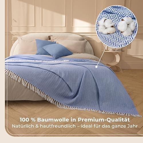Gräfenstayn Premium Baumwolltagesdecke Creme - 100% Baumwolle - Sommerdecke - Fischgrätenmuster - Bett- und Couch-Überwu