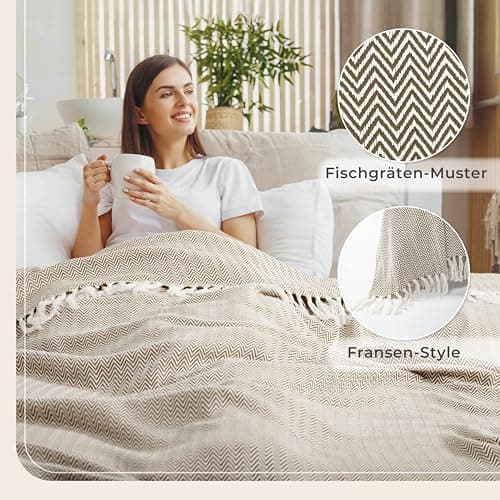 Gräfenstayn Premium Baumwolltagesdecke Creme - 100% Baumwolle - Sommerdecke - Fischgrätenmuster - Bett- und Couch-Überwu