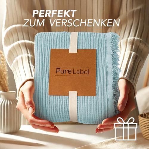 Oeko-Tex zertifizierte Musselin Tagesdecke 220x240cm Hellblau | Couch- & Sofadecke XXL | Baumwolle Qualität