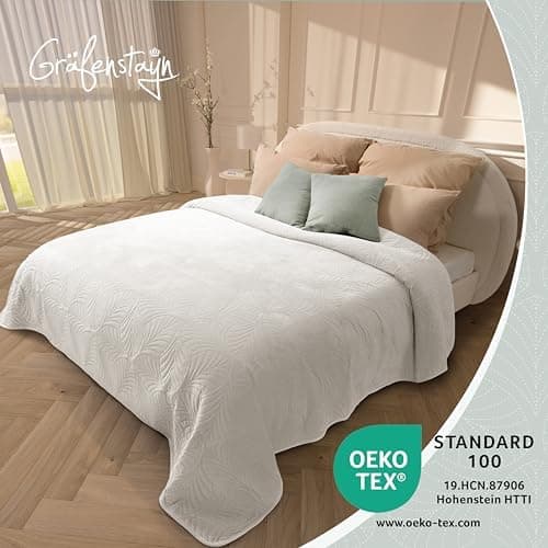 Gräfenstayn Premium Tagesdecke Anthrazit - weich, knitterfrei & pflegeleicht - Nahtlose Steppung & Blatt-Design - Bett &