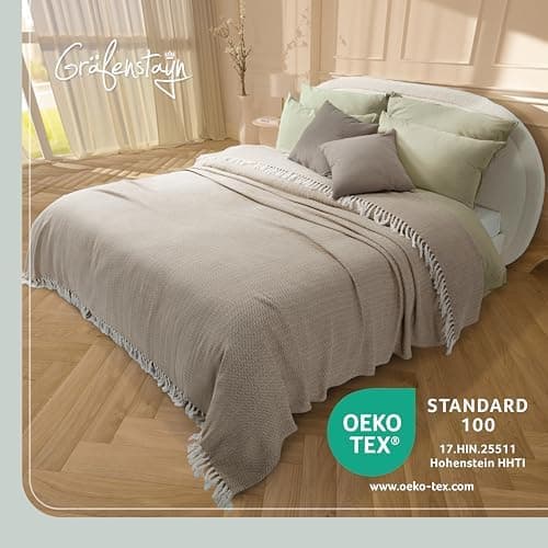 Gräfenstayn Premium Baumwolltagesdecke Creme - 100% Baumwolle - Sommerdecke - Fischgrätenmuster - Bett- und Couch-Überwu