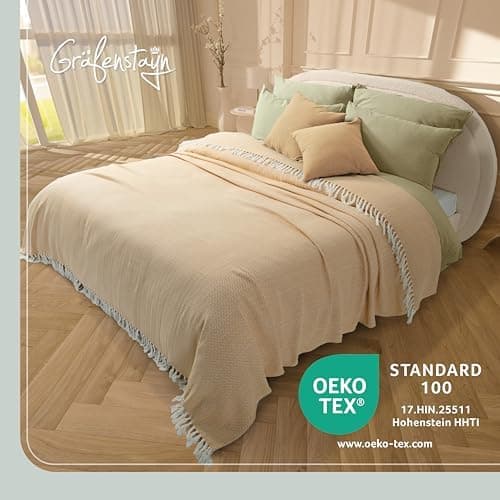 Gräfenstayn Premium Baumwolltagesdecke Creme - 100% Baumwolle - Sommerdecke - Fischgrätenmuster - Bett- und Couch-Überwu