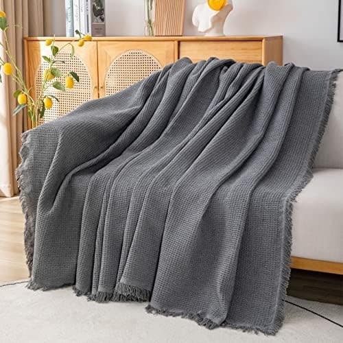 GAOWEI Premium Tagesdecke Grau - Multiwertige Sofa Cover 180x230cm - Dekorative Fransen, Groß Waffelmuster, als Bett- un