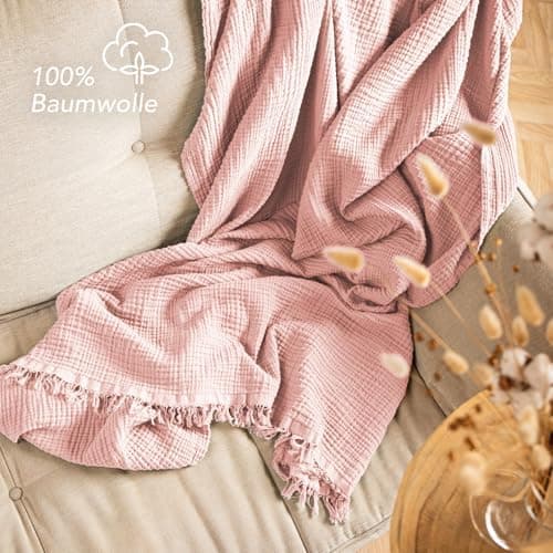 Oeko-Tex zertifizierte Musselin Tagesdecke 220x240cm Hellblau | Couch- & Sofadecke XXL | Baumwolle Qualität