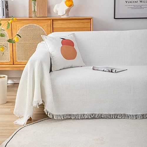 GAOWEI Premium Tagesdecke Grau - Multiwertige Sofa Cover 180x230cm - Dekorative Fransen, Groß Waffelmuster, als Bett- un