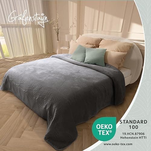 Gräfenstayn Premium Tagesdecke Anthrazit - weich, knitterfrei & pflegeleicht - Nahtlose Steppung & Blatt-Design - Bett &