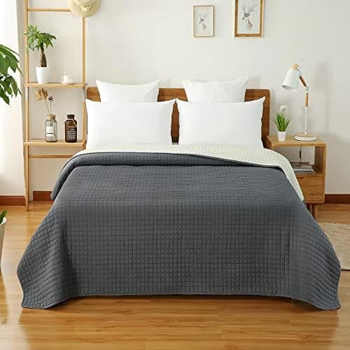 WOLTU Tagesdecke Steppdecke Doppelbett Dunkelgrau-Crème 170x210 cm 360GSM Global Recycled Standard Kariert