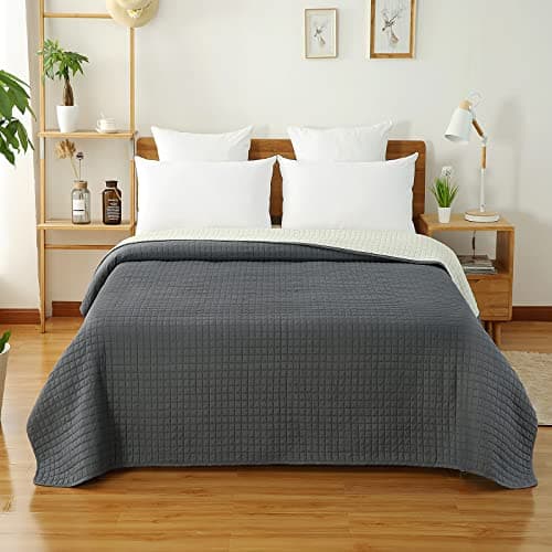 WOLTU Tagesdecke Steppdecke Doppelbett Dunkelgrau-Crème 170x210 cm 360GSM Global Recycled Standard Kariert