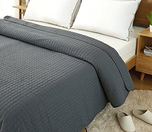 WOLTU Tagesdecke Steppdecke Doppelbett Dunkelgrau-Crème 170x210 cm 360GSM Global Recycled Standard Kariert