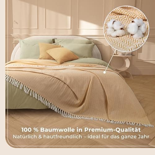Gräfenstayn Premium Baumwolltagesdecke Creme - 100% Baumwolle - Sommerdecke - Fischgrätenmuster - Bett- und Couch-Überwu
