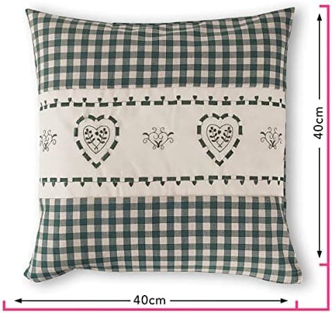 OekoTex Zierkissen 40x40 - Landhaus-Stil Dekokissen mit Reißverschluss, Herzrot karieret, Heller Hintergrund, OEKO-TEX S