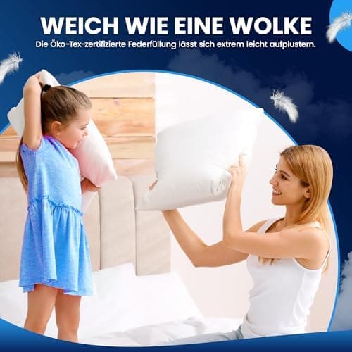 Federkissen 80x80 cm (2er Set) - 100% Federfüllung & Bauwolle Bezug, Oeko-Tex, Made in Germany,ideal für Allergiker & Ki
