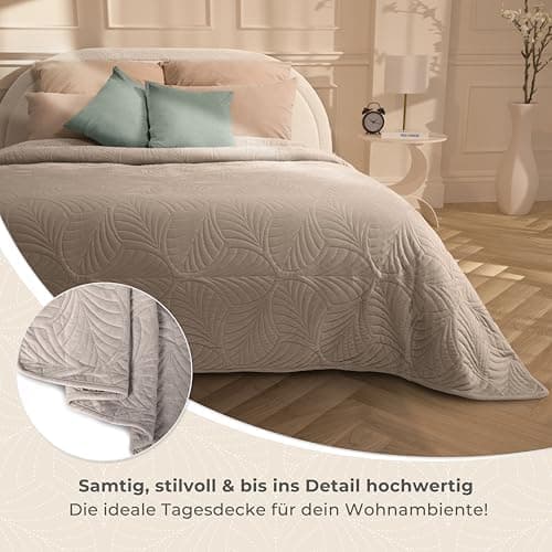 Gräfenstayn Premium Tagesdecke Anthrazit - weich, knitterfrei & pflegeleicht - Nahtlose Steppung & Blatt-Design - Bett &
