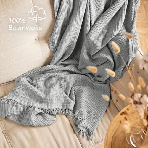 Oeko-Tex zertifizierte Musselin Tagesdecke 220x240cm Hellblau | Couch- & Sofadecke XXL | Baumwolle Qualität