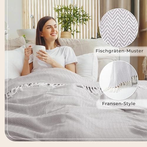 Gräfenstayn Premium Baumwolltagesdecke Creme - 100% Baumwolle - Sommerdecke - Fischgrätenmuster - Bett- und Couch-Überwu