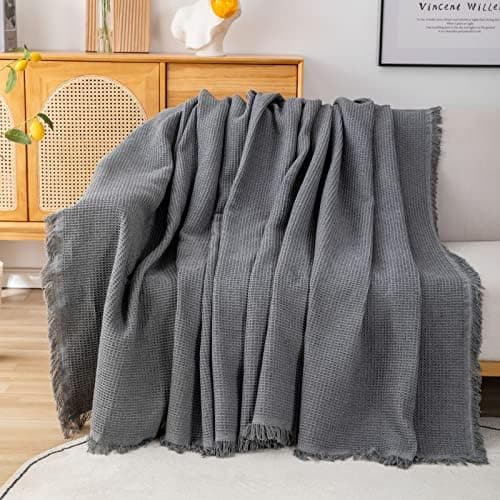 GAOWEI Premium Tagesdecke Grau - Multiwertige Sofa Cover 180x230cm - Dekorative Fransen, Groß Waffelmuster, als Bett- un
