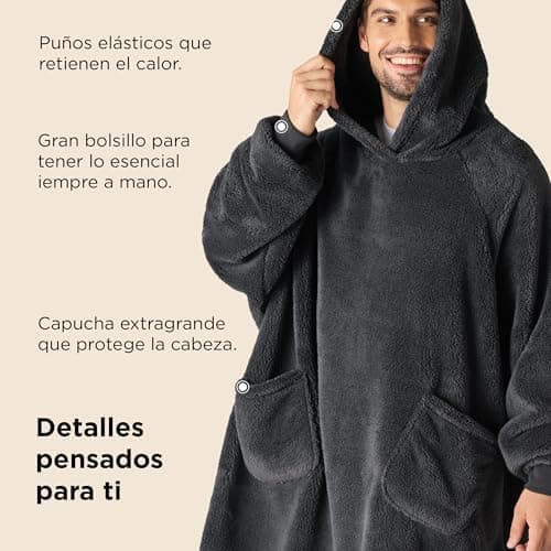 BEDSURE Hoodie Decke mit Ärmeln - Warme Kuschelpullover für Frauen - Tragbare Erwachsenendekke Grau OEKO-TEX 95x85 cm