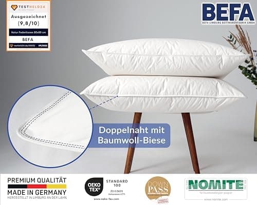 BEFA NATUR Federkissen 80x80 cm (2 Stück) | 100% Federn | Tierwohl zertifiziert | Allergiker geeignet | OEKO-TEX Klasse