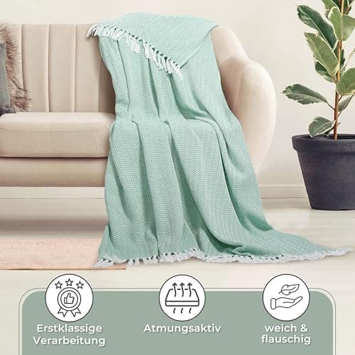 Gräfenstayn Premium Baumwolltagesdecke Creme - 100% Baumwolle - Sommerdecke - Fischgrätenmuster - Bett- und Couch-Überwu