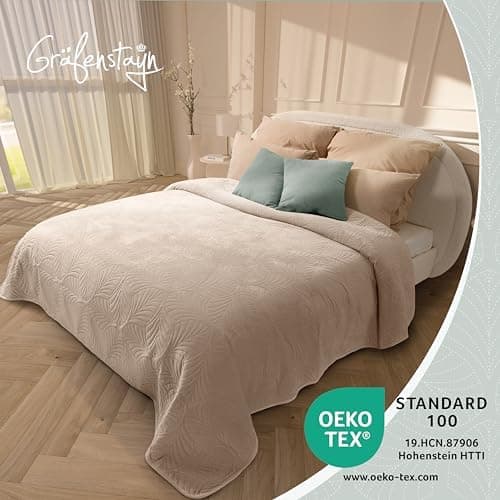 Gräfenstayn Premium Tagesdecke Anthrazit - weich, knitterfrei & pflegeleicht - Nahtlose Steppung & Blatt-Design - Bett &