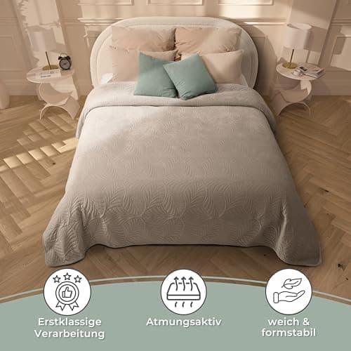 Gräfenstayn Premium Tagesdecke Anthrazit - weich, knitterfrei & pflegeleicht - Nahtlose Steppung & Blatt-Design - Bett &