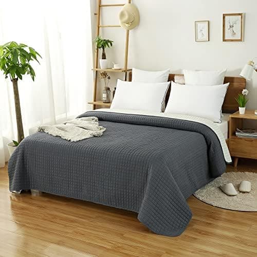 WOLTU Tagesdecke Steppdecke Doppelbett Dunkelgrau-Crème 170x210 cm 360GSM Global Recycled Standard Kariert