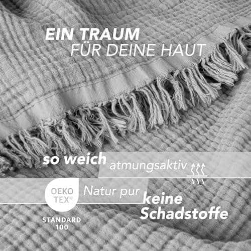 Oeko-Tex zertifizierte Musselin Tagesdecke 220x240cm Hellblau | Couch- & Sofadecke XXL | Baumwolle Qualität