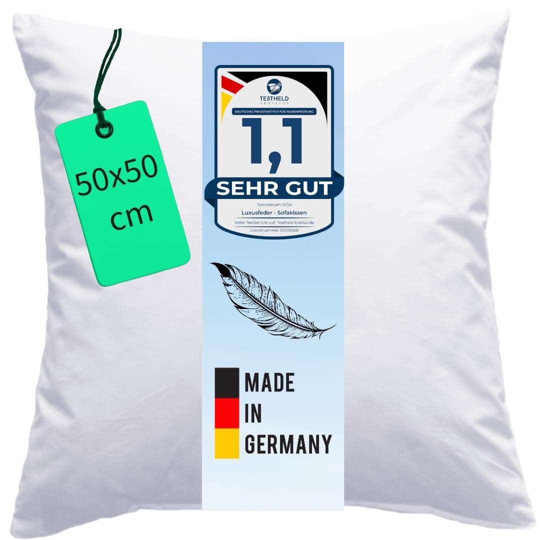 Luxusfeder Sofakissen für Bequemlichkeit und Komfort - Daunen Füllung 500g - 50x50 cm - 100% Baumwoll Bezug - Öko-Tex
|