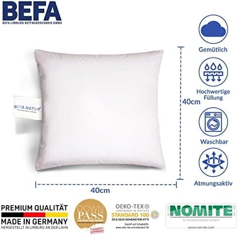 BEFA NATUR Sofakissen 40x40 cm (2 Stück) | 100% Federn, 350g Füllgewicht für Allergiker | Tierwohl, Oeko-TEX Klasse 1 |