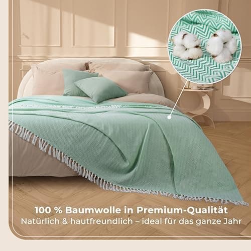 Gräfenstayn Premium Baumwolltagesdecke Creme - 100% Baumwolle - Sommerdecke - Fischgrätenmuster - Bett- und Couch-Überwu