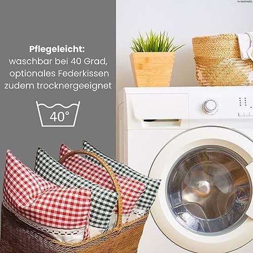 OekoTex Zierkissen 40x40 - Landhaus-Stil Dekokissen mit Reißverschluss, Herzrot karieret, Heller Hintergrund, OEKO-TEX S