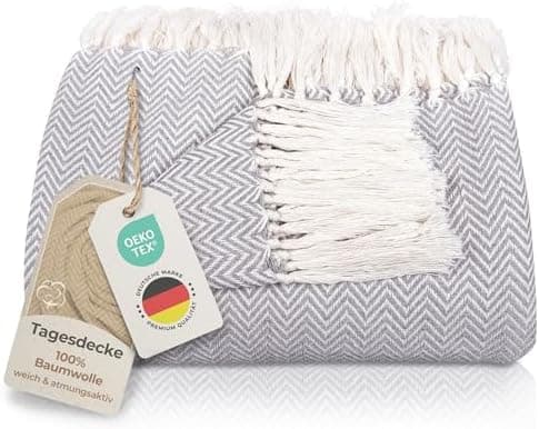 Gräfenstayn Premium Baumwolltagesdecke Creme - 100% Baumwolle - Sommerdecke - Fischgrätenmuster - Bett- und Couch-Überwu