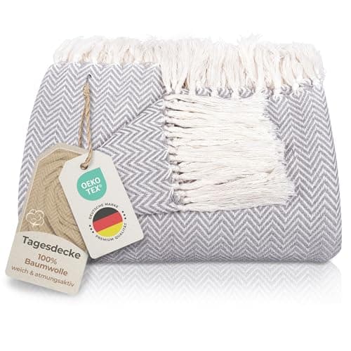 Gräfenstayn Premium Baumwolltagesdecke Creme - 100% Baumwolle - Sommerdecke - Fischgrätenmuster - Bett- und Couch-Überwu
