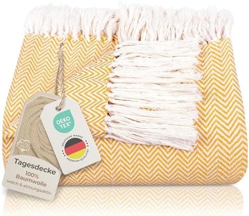 Gräfenstayn Premium Baumwolltagesdecke Creme - 100% Baumwolle - Sommerdecke - Fischgrätenmuster - Bett- und Couch-Überwu