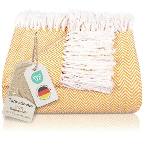 Gräfenstayn Premium Baumwolltagesdecke Creme - 100% Baumwolle - Sommerdecke - Fischgrätenmuster - Bett- und Couch-Überwu