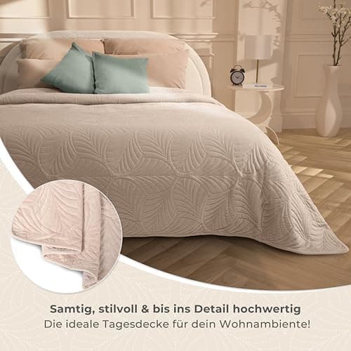 Gräfenstayn Premium Tagesdecke Anthrazit - weich, knitterfrei & pflegeleicht - Nahtlose Steppung & Blatt-Design - Bett &