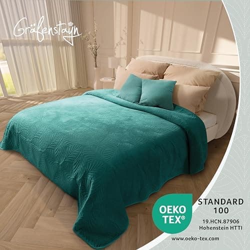 Gräfenstayn Premium Tagesdecke Anthrazit - weich, knitterfrei & pflegeleicht - Nahtlose Steppung & Blatt-Design - Bett &