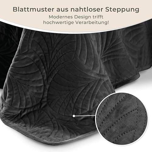 Gräfenstayn Premium Tagesdecke Anthrazit - weich, knitterfrei & pflegeleicht - Nahtlose Steppung & Blatt-Design - Bett &