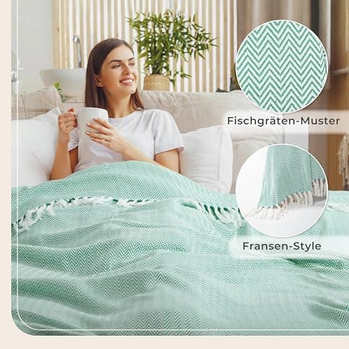 Gräfenstayn Premium Baumwolltagesdecke Creme - 100% Baumwolle - Sommerdecke - Fischgrätenmuster - Bett- und Couch-Überwu