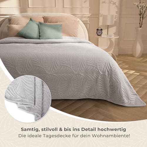Gräfenstayn Premium Tagesdecke Anthrazit - weich, knitterfrei & pflegeleicht - Nahtlose Steppung & Blatt-Design - Bett &