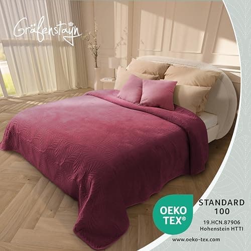 Gräfenstayn Premium Tagesdecke Anthrazit - weich, knitterfrei & pflegeleicht - Nahtlose Steppung & Blatt-Design - Bett &